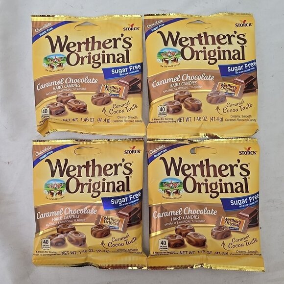 4 PACK Werther's Original SUGAR FREE CARAMEL CHOCOLATE Hard Candies 1.46oz bag/e - Picture 1 of 6